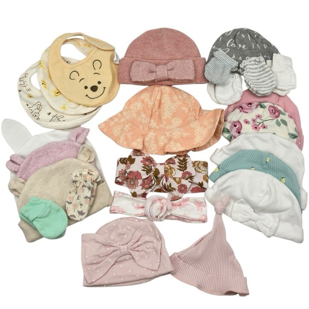 Lot Of 24 Baby Infant Girl Hats Bibs Headbands Mittens Assorted Brands Sizes